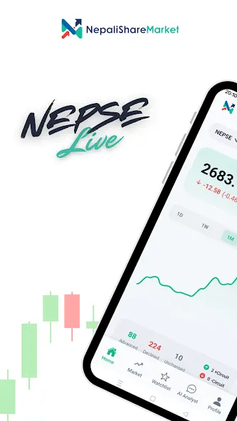 Nepali Sharemarket App Screen 1 - Live NEPSE index with real-time area charts